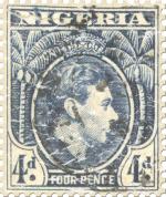 I have no information about this stamp from Nigeria. Is shows a portrait in the center with a crown over it and flanked by two palm trees. The word Nigeria above it and Four Pence below it.