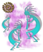 This Native American style design features three turquoise Kokopelli playing their flutes and enjoying the sun.