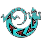 The Spinning Lizard is a very popular Native American symbol (Navajo & other Indian tribes) and is seen throughout Southwestern design. Here, he is shown in turquoise, coral and onyx (black), spinning in a circular motion. Of course!