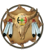 This shield is a realistic-looking design using bison skull with the four directions, a piece of hide tied on a frame, and eagle feathers. A perfect gift idea, and give yourself one, too! Don't miss a glass cutting board for your kitchen, and more!