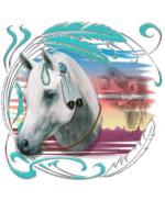 A Native American Pony, adorned with turquoise and feathers, and a backdrop of Southwestern Monument Valley, AZ, landscape, with a pueblo ghosted in the sunset sky. A very popular and beautiful design for horse lovers!