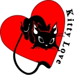 Kitty love for cats and their owners features a cute black cat and a big red heart! Browse travel mugs, key rings, watches and clocks at: <a href="http://www.bonfiredesigns.com/cat-gifts.htm">Bonfire Designs</a>