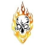 Skull with flames tattoo costume apparel for adults and kids of all ages featuring our ghosts, black cats and witches! Jewelry, watches, travel mugs and decorations at: <a href="http://www.bonfiredesigns.com"> Bonfire Designs
