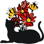 Black cat tee's, apparel and cats for all seasons features black cat silhouette with autumn flowers in fall colors. Cat gifts, travel mugs, clocks and baby gifts for kitty lovers at: <a href="http://www.bonfiredesigns.com/cat-gifts.htm">Bonfire Designs
