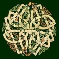 A traditional circular Celtic knotwork ornament, adapted from the book of Kells and textured in shades of green, tan and rust. An intricate design perfect for lovers of ancient Celtic artwork!