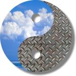 Pristine blue sky with pure white clouds against industrial metal. Life is full of opposites and this design keeps them in perspective.