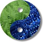 Green ferns against the cold technology of the computer chip. Life is full of opposites. This design keeps them in perspective.