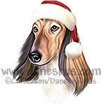 Red Afghan Hound from Danes-R-Us wears a Festive Santa Claus hat. This dog will help you get into the Holiday Spirit and spread some cheer this Christmas.