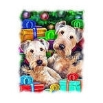 These two Airedale Terriers just cannot wait any longer to tear into all the Christmas gifts. Their begging eyes say it all - "Can we open them NOW?!" An adorable Holiday scene sure to be your favorite!