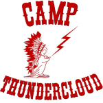 Retro 70s graphic screenprint featuring a Native American Indian shooting a lightning bolt from his pinky finger across front of chest that reads, "Camp Thundercloud".