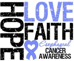 Esophageal Cancer T-Shirts in cool grunge style with empowering slogan "Hope Love Faith" and periwinkle heart ribbon to promote and highlight the importance of advocacy for Esophageal Cancer by CancerTShirtShop.Com