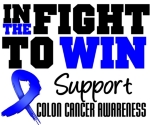 Empower yourself to win with our bold design for Colon Cancer "In The Fight To Win" Support Colon Cancer Awareness T-Shirts and Apparel with grunge blue ribbon to empower, inspire and fight to win your battle by CancerTShirtShop.Com