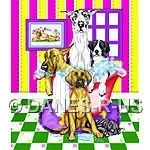 These comical Great Dane characters are taking over the bath tub in this brightly colored artwork featuring danes in fawn, harlequin, mantle and a tiny black puppy asleep on the rug.
