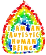 Don't treat me as if I am defective, broken, or inferior. I am a human being--an autistic human being. "I Am an Autistic Human Being" in orange text inside a rainbow flame mosaic.