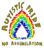 Pride not Assimilation. Autistic pride --no assimilation, with a rainbow flame mosaic.