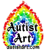 Autist Art with rainbow flame spectrum logo and website address autistart.com.