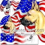 Great Dane bust artwork from Danes-R-Us is with the US flag. Celebrate 4th of July in style with the stars and stripes plus your favorite breed. Available in various coat colors such as blue, merle, black, fawn and harlequin.