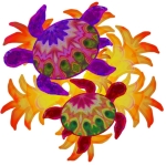 A pair of digitally painted "inked" colorful sea turtles with matching patterned shells against a kelp like flames of orange and red. Colorful sea turtle art.