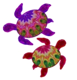 A pair of digitally painted sea turtles. One is dark red and the other is purple, and each has a patterned shell to match. Beautiful sea turtle art in a simple, colorful pattern.