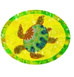A distressed design of a multicolored painted sea turtle with a patterned back in a yellow oval with a green patterned oval.
