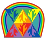 Sea turtles in triangles in an alternating rainbow of colors, with a curving rainbow in the background. A simple and colorful sea turtle design.