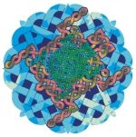 A Celtic knotwork sea turtle swims against a circular blue knotwork sea.