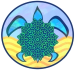 Sea turtle with a Celtic knotwork pattern shell against a rounded background of stylized sand and sky.