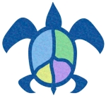 A blue sea turtle with a four-colored peace symbol on its back.
