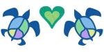 Two blue sea turtles with a four-colored peace symbol on their backs, with a green heart inbetween.