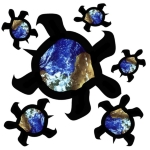 A family of simple cutout sea turtles in varying colors carry the Earth on their backs. It's a turtle world in this design.