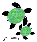 A pair of sea turtles with multicolored shells in a crystallized mosaic of greens and blues. A simple sea turtle design. Buy sea turtle shirts here.
