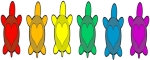 A row of sea turtles in rainbow colors with hearts in their shells. Fun, colorful rainbow turtle design.
