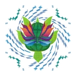 A green sea turtle with wings of flame flies downward against a abstract swirling blue waves. Buy unique sea turtle art shirts here.