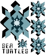 A pattern of sea turtles in asnowflake style. Multiple sea turtles in alternating patterns of blues, white, and black. A simple abstract sea turtle design. Buy sea turtle shirts here.