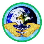 Earth Day design. Hands hold the globe within a blue and green circle. Design has an aged/ distressed effect.
