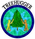 Hug a Tree --two figures hugging a pine tree in a circle. An Earth Day / Arbor Day design.