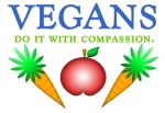 Vegans do it with compassion. In blue and green text, with a design of crossed carrots and an apple.