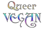 Queer Vegan in elegant black text, with a bit of rainbow. Simple text-only vegan design.