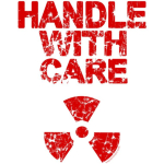 Original vintage tee that reads, "Handle with Care" with a radioactive cautionary logo symbol underneath across front of chest.