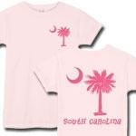 This deluxe version features the pink palmetto moon printed on the pocket area on the front and a matching palmetto on the back with the state name, South Carolina. Buy your favorite t-shirt, sweatshirt, or other clothing item.