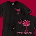 This deluxe version features a garnet palmetto moon printed on the pocket area on the front and a matching palmetto on the back with the state name, South Carolina. Buy your favorite t-shirt, sweatshirt, or other clothing item.