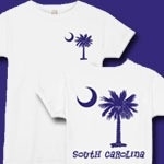 This deluxe version features a purple palmetto moon printed on the pocket area on the front and a matching palmetto on the back with the state name, South Carolina. Buy your favorite t-shirt, sweatshirt, or other clothing item.