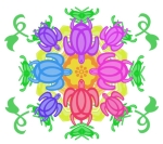 Multiple colorful sea turtles as petals of a colorful flower. Birght springtime sea turtle art.