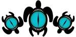 A row of three black sea turtles with bright blue cat's eyes on their backs. Sea turtle art.