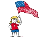 Patriotic t-shirts and gear for 4th of July or any day with cute illustration of a girl holding an American flag and wearing a t-shirt that says USA.