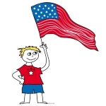 Patriotic boy t-shirts and gear for 4th of July or any day with illustration of a boy holding an American flag and wearing a t-shirt that says USA. Patriotic gifts.