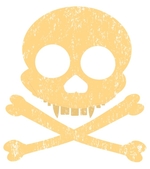 Distressed orange skull and crossbones. Sharp fangs. Simple skull art design for Halloween or any time.