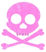 Distressed style two-toned pink skull and crossbones. Sharp fangs. Simple skull art design for Halloween or any time.