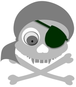 Gray skull and crossbones with dark green eyepatch and gray bandanna. Eyeball in left eye socket. Simple pirate skull art design.