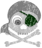 Gray skull and crossbones with dark green eyepatch and gray bandanna. Eyeball in left eye socket. Design is distressed.